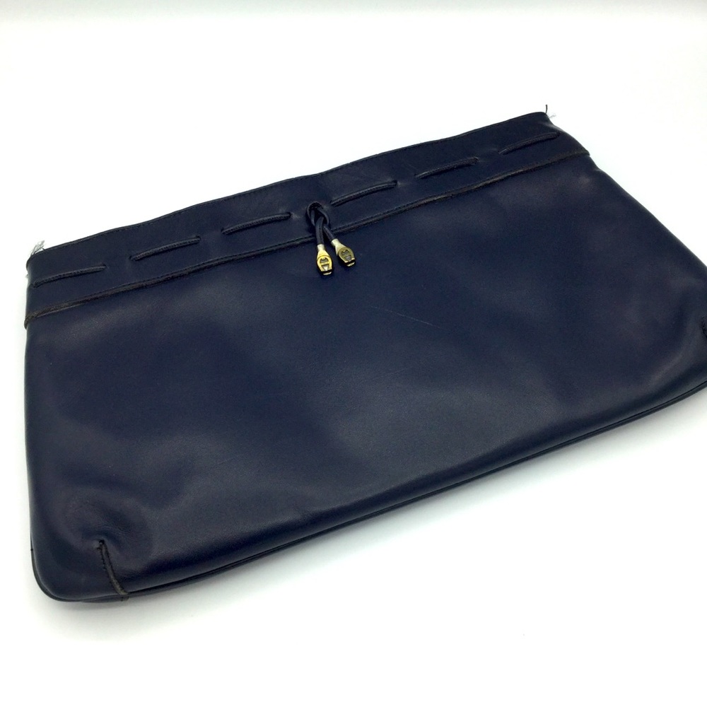 Etienne Aigner vintage leather clutch style purse, navy blue ribbon